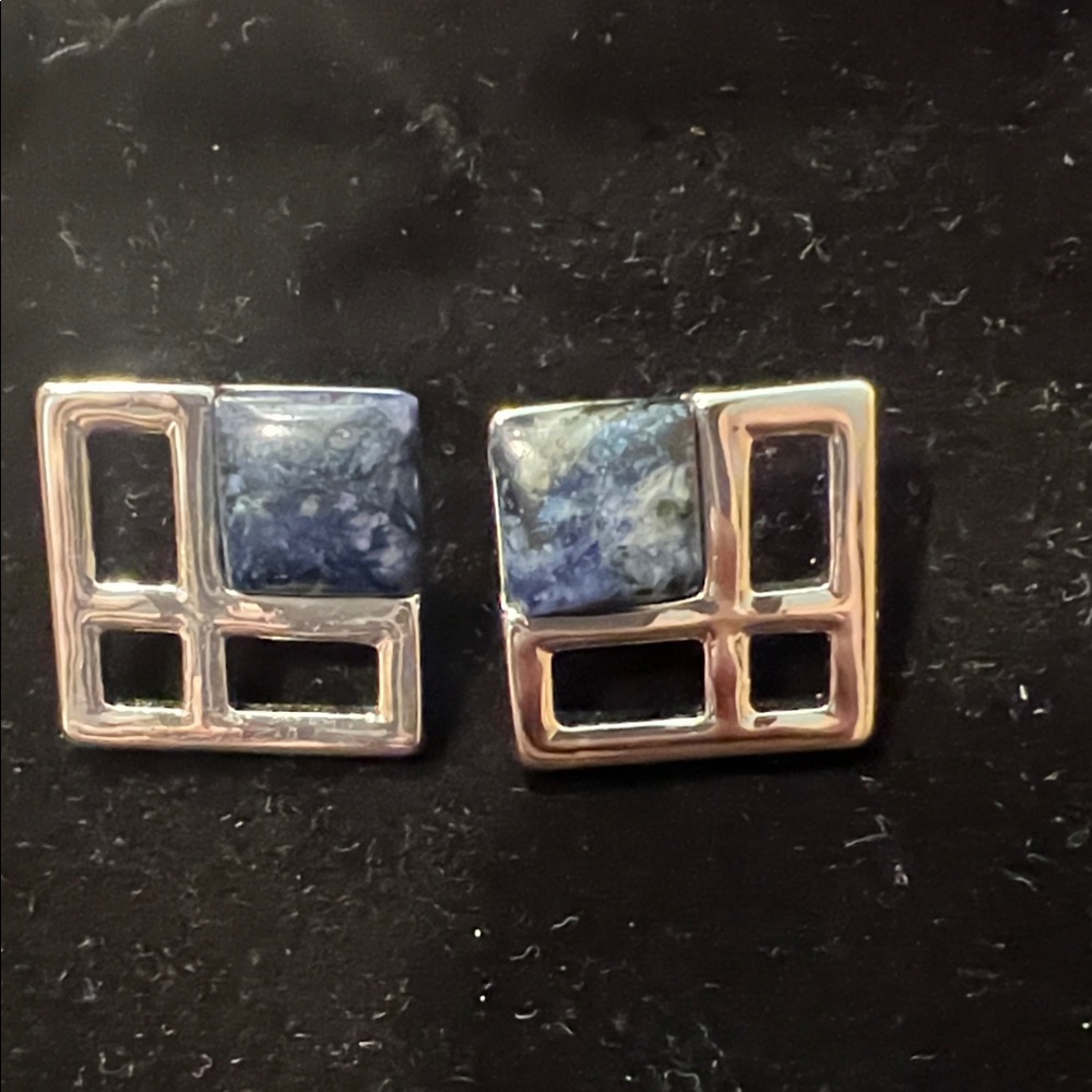 Vtg 80s/90s Geometric Square Earrings in Blue Stone and Silver-tone